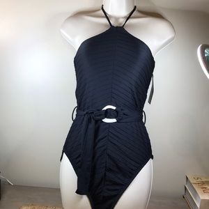 ☀️👙 Time and Tru (NWT)👙☀️…Women M (8-10)…Black Ribbed One Piece SwimSuit!